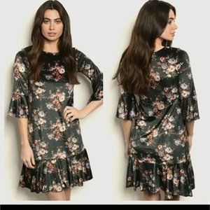 Dark Green Velvet Floral Dress